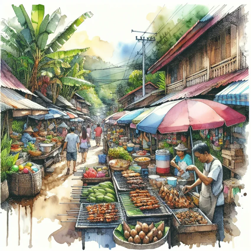 Un étalage coloré de street food à Puerto Princesa avec des plats traditionnels philippins.