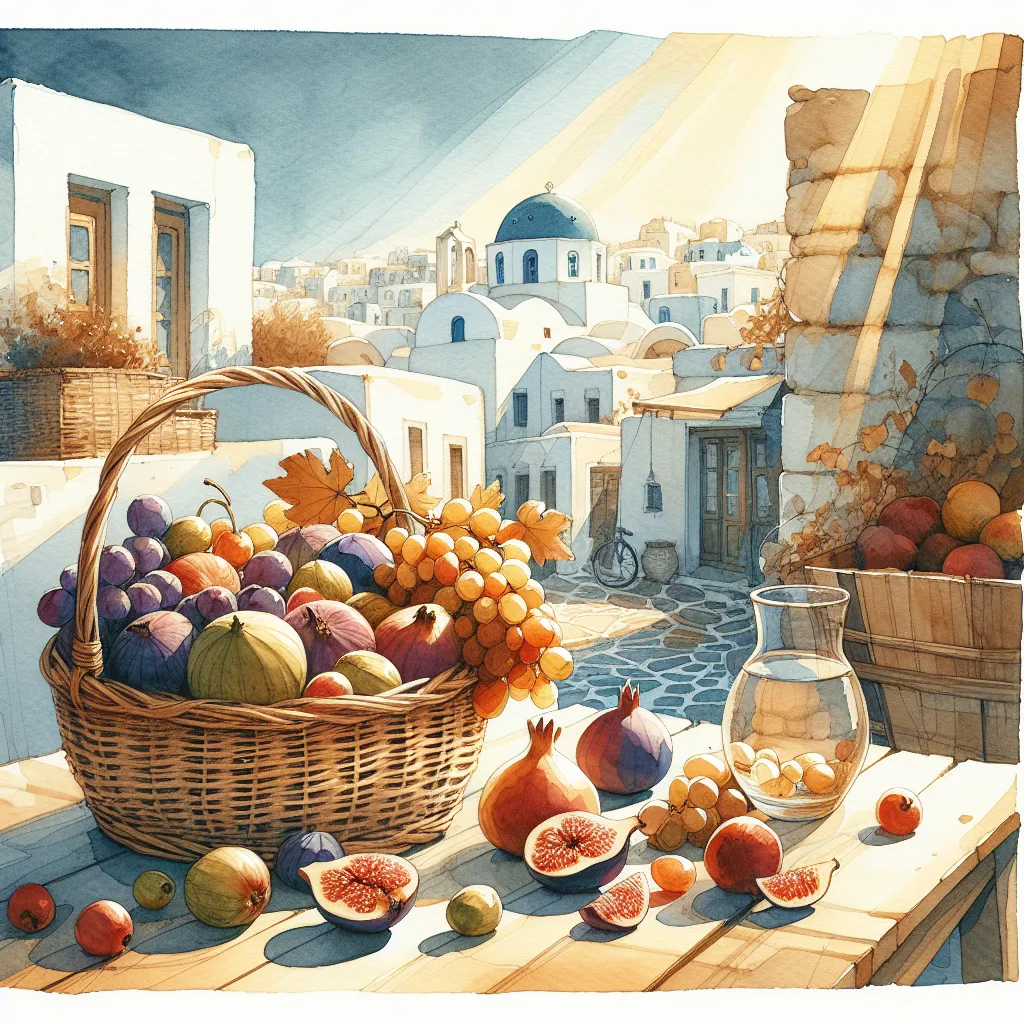 Un panier en osier rempli de fruits locaux, posé sur une table en bois rustique