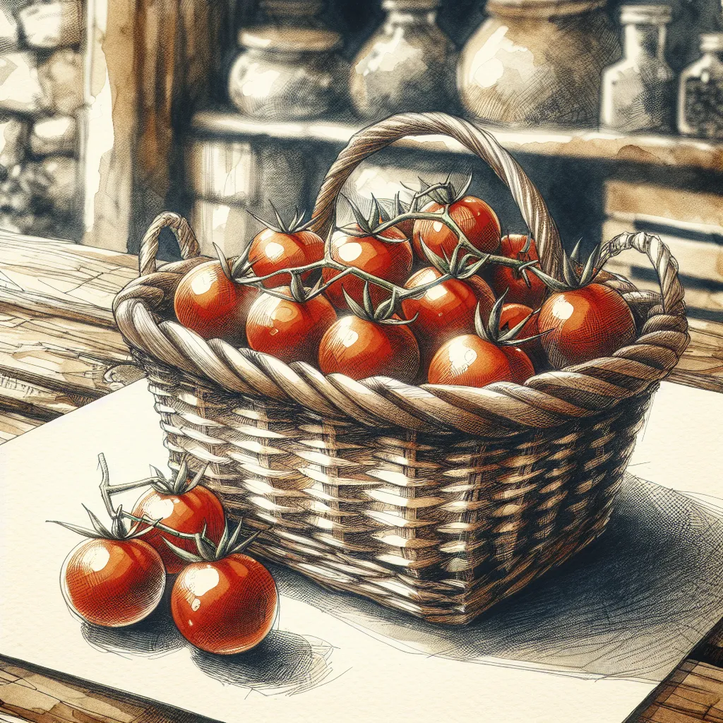 Un panier en osier rempli de tomates cerises rouges et brillantes, posé sur une table en bois rustique