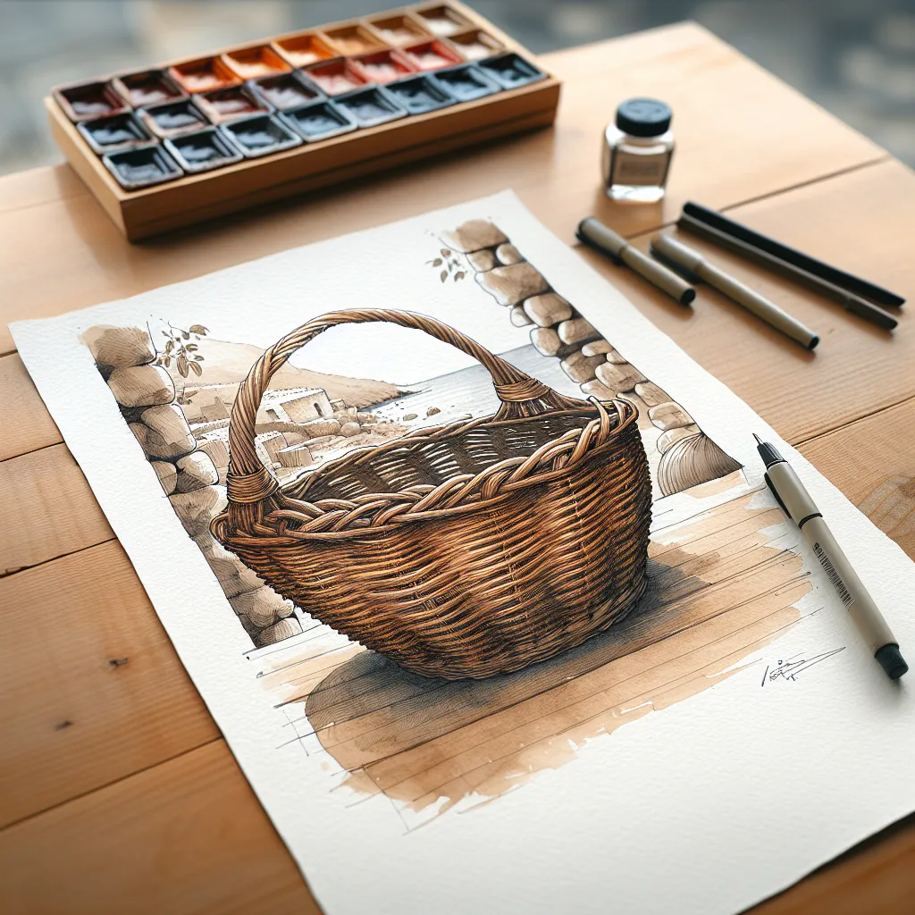 Un panier en osier traditionnel de Santorin, tissé à la main, posé sur une table en bois.