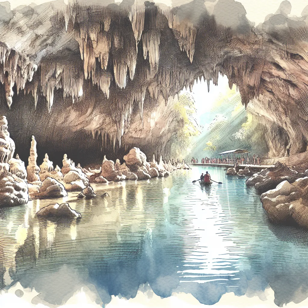 Une vue détaillée de l'intérieur de la rivière souterraine de Puerto Princesa, avec des stalactites et des stalagmites.