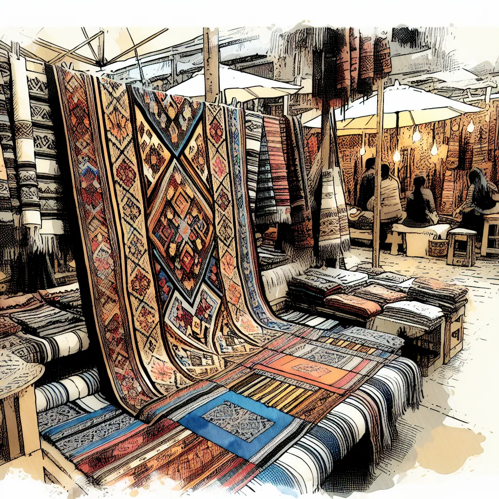 Un tissu traditionnel tissé à la main, coloré et détaillé, exposé dans un marché artisanal.